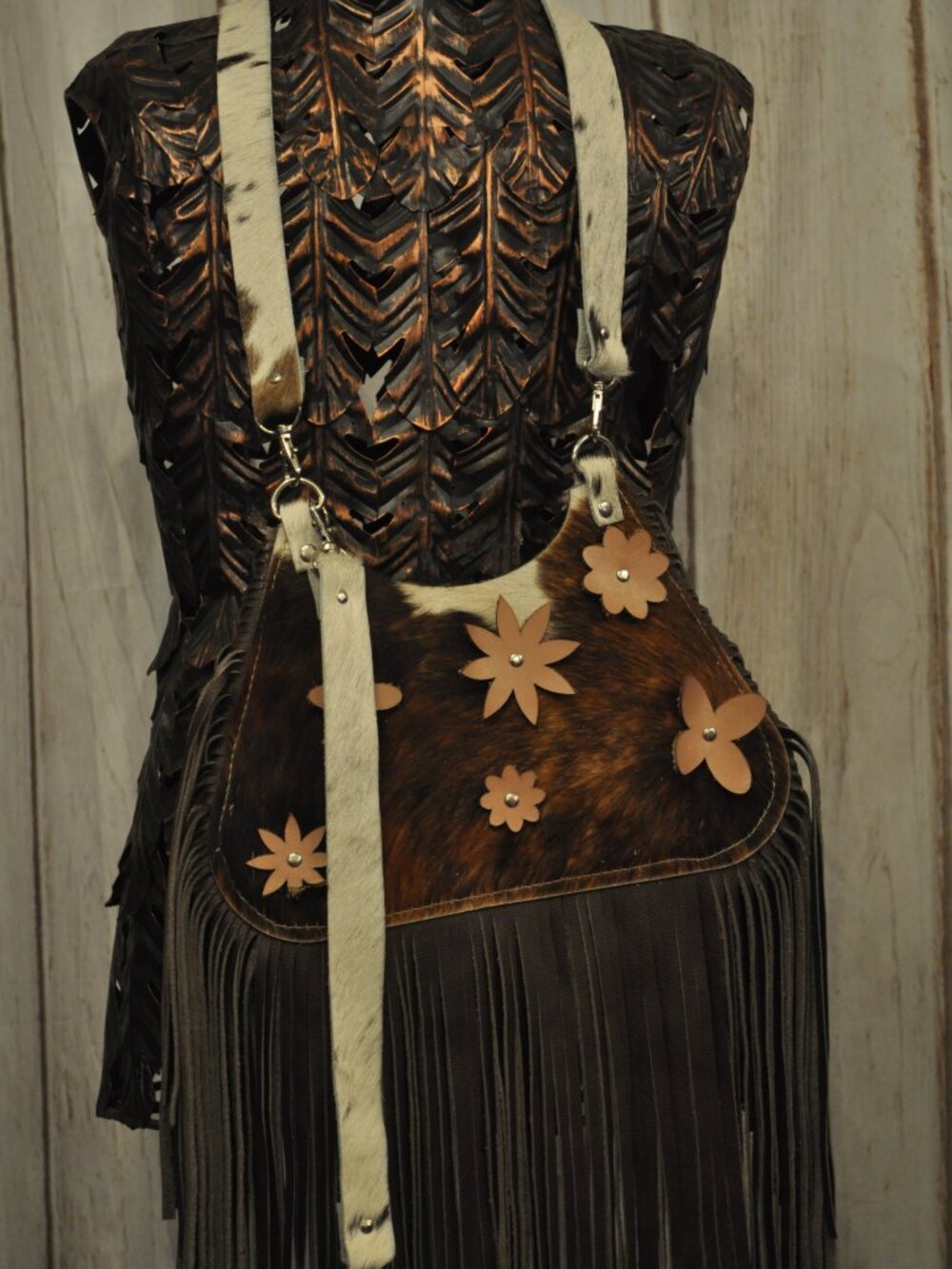 Cowhide & Leather Fringe Bag w/ Floral Details – Convertible Crossbody/Shoulder - Picture 2 of 6